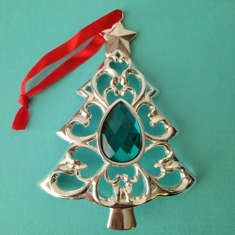 Lenox Silver-tone Christmas Tree Ornament ~ Teal Embellishment ~ GUC ~ Pretty!